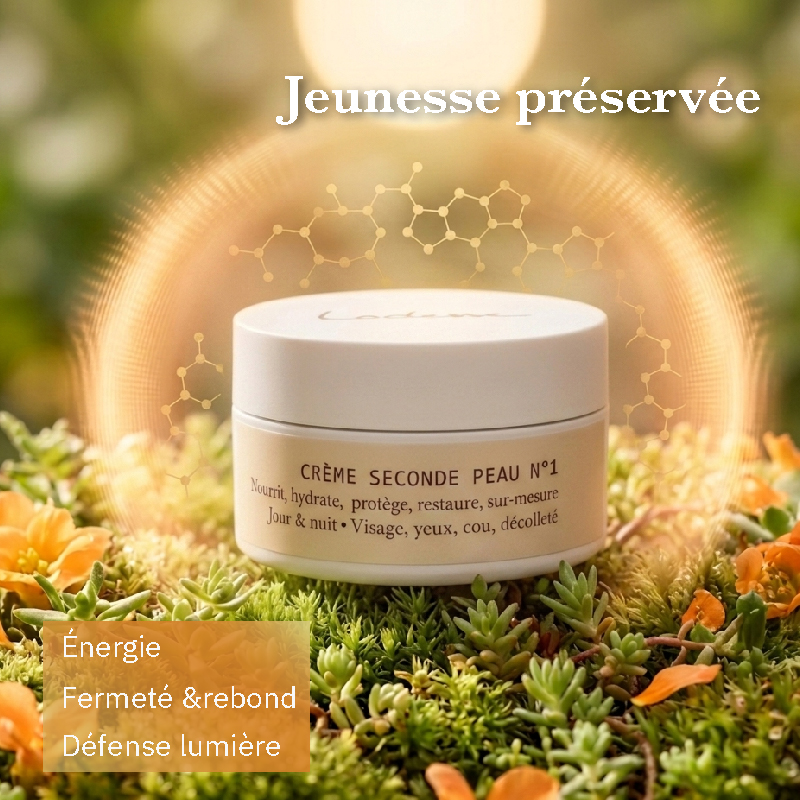 Pot de crème dans un halo doré, sur un tapis végétal et fleurs orangées, énergie solaire vivifiante, univers raffiné, naturel