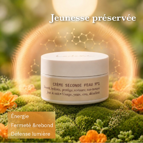 Pot de crème dans un halo doré, sur un tapis végétal et fleurs orangées, énergie solaire vivifiante, univers raffiné, naturel